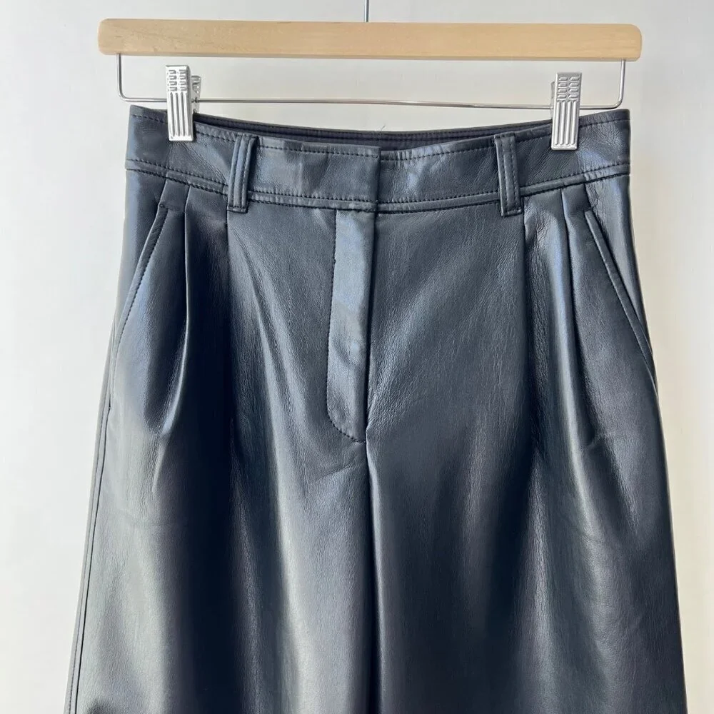 Babaton faux leather Pleated wide legs pants, Black, Size 2 K44